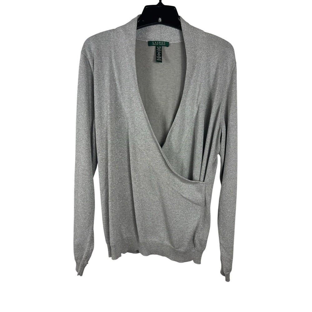 Lauren Ralph Lauren Faux Wrap Silver Shimmer Silk Blend Long Sleeve Sweater XL